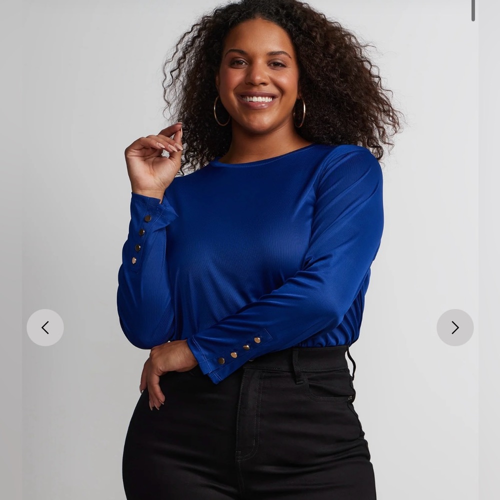 Long Button Sleeve Crew Neck Blouse in Bright Blue - New w/Tags - Ny&Co - 3X